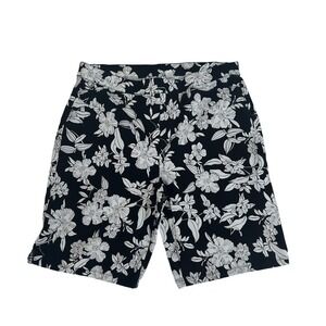 Susan Graver Womens Black White Floral Bermuda Shorts Stretch Pull On Size 14